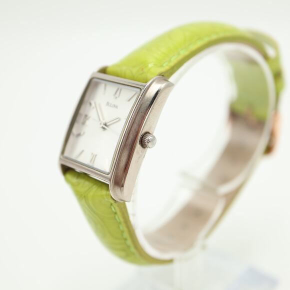 Bulova Silver Tone Womens 23mm Tank Watch Yellow Green Leather w New Battery - Picture 9 of 16
